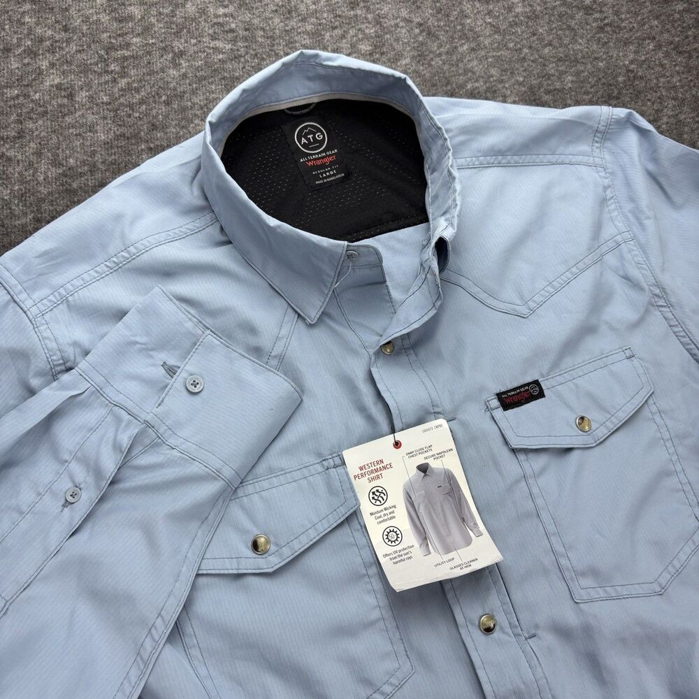 Wrangler ATG Western Performance Shirt Mens Large Blue Long Sleeve NWT UPF 50